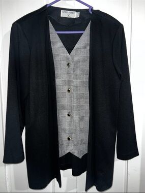 Alfred Dunner Black Open-Front Jacket with Gray Plaid Vest